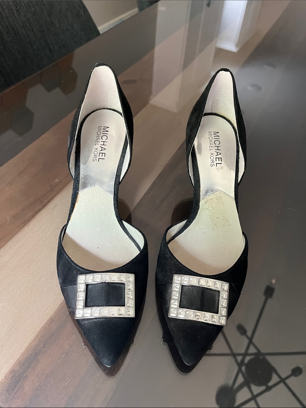 Michael Kors Black Suede D'Orsay Pumps with Crystal Buckle
